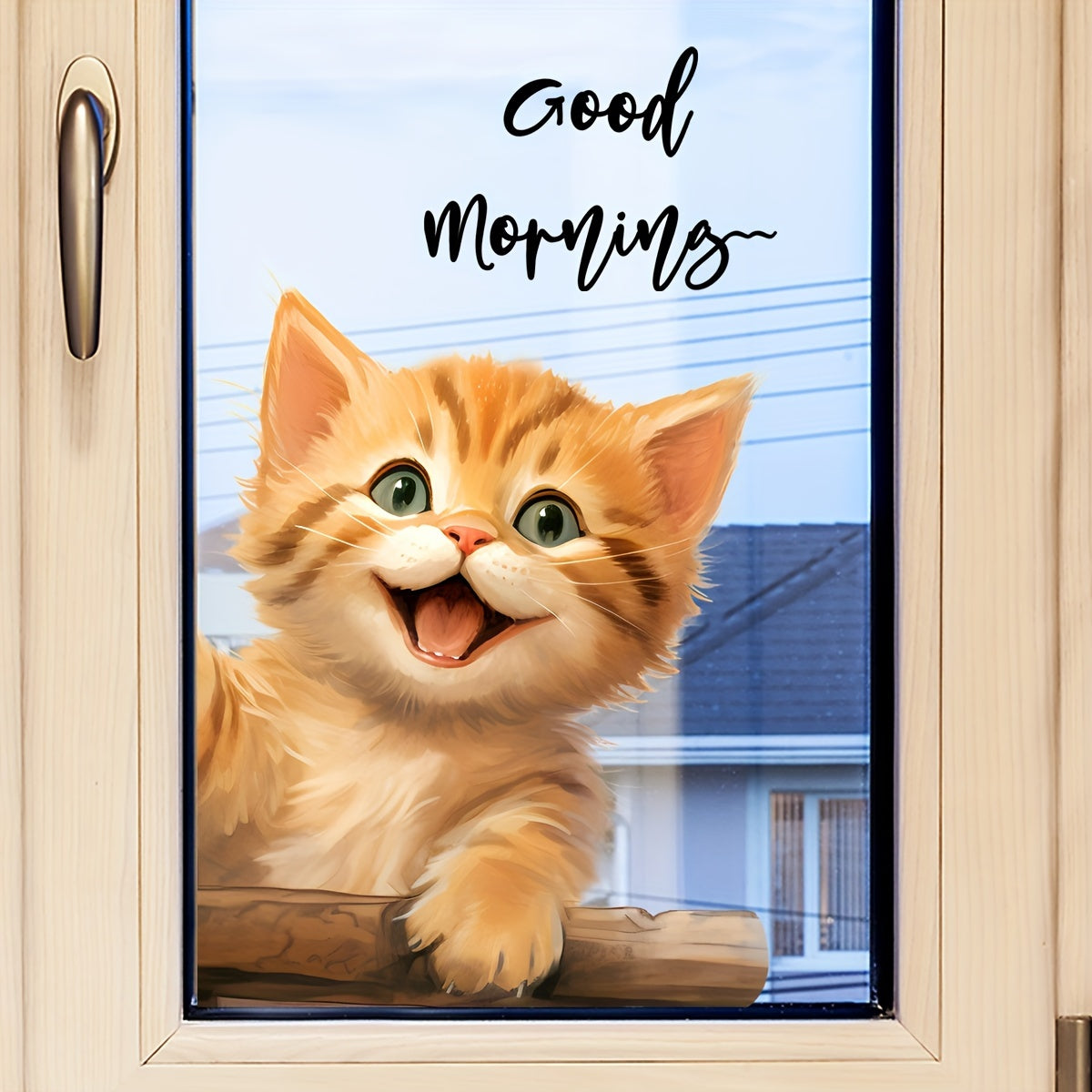 Double-sided electrostatic window sticker featuring a cute English cat design with the message "good morning." This sticker is visible from both inside and outside the home, and can be easily removed and repositioned. Perfect for decorating windows or