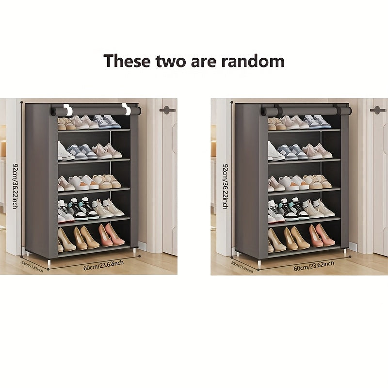 Compact shoe rack with cover, fabric material, simple assembly, high storage capacity, portable for home, dorm, or entryway, available in multiple layers and sizes.