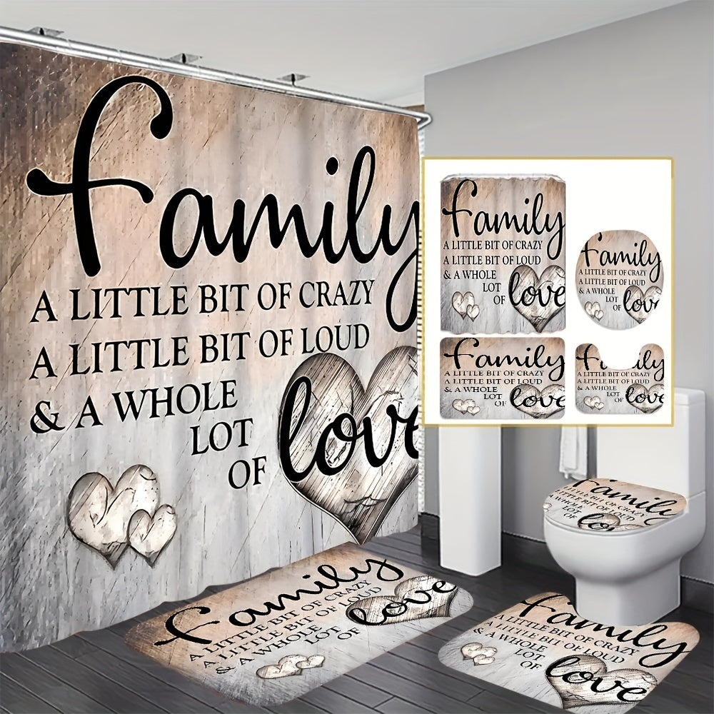 Artistic family bath decor set includes 4 pieces - water-resistant polyester, machine washable, includes non-slip mat, toilet lid cover, bathroom rug, and 12 plastic hooks.