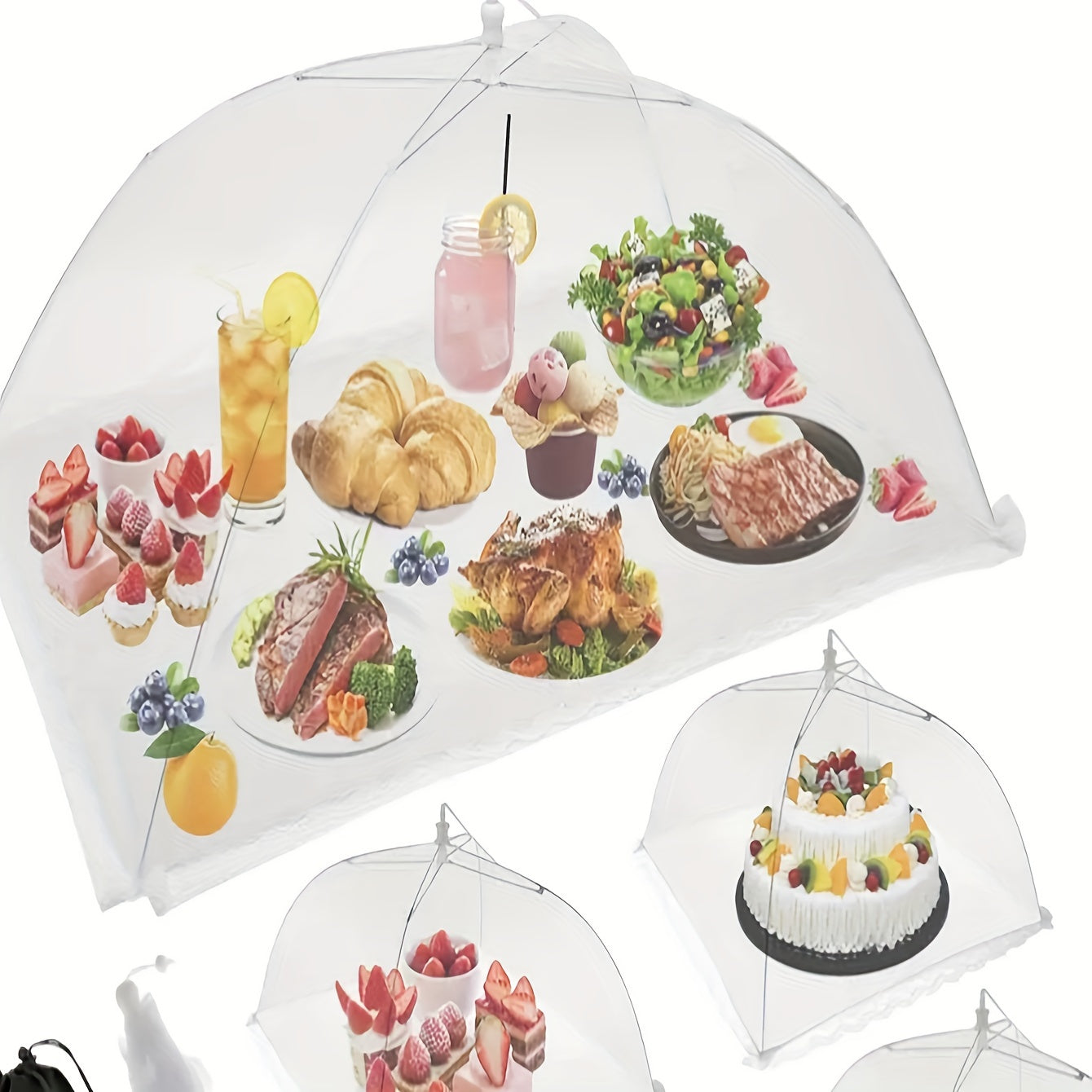 Large festive food cover with white mesh canopy and lace design for outdoor gatherings, picnics, barbecues, camping, and kitchen organization.