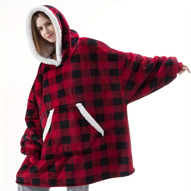 Soft and cozy plaid fleece hoodie blanket featuring large pockets. Perfect for staying warm and comfortable, this machine washable, tear-resistant blanket hoodie is great for men and women.