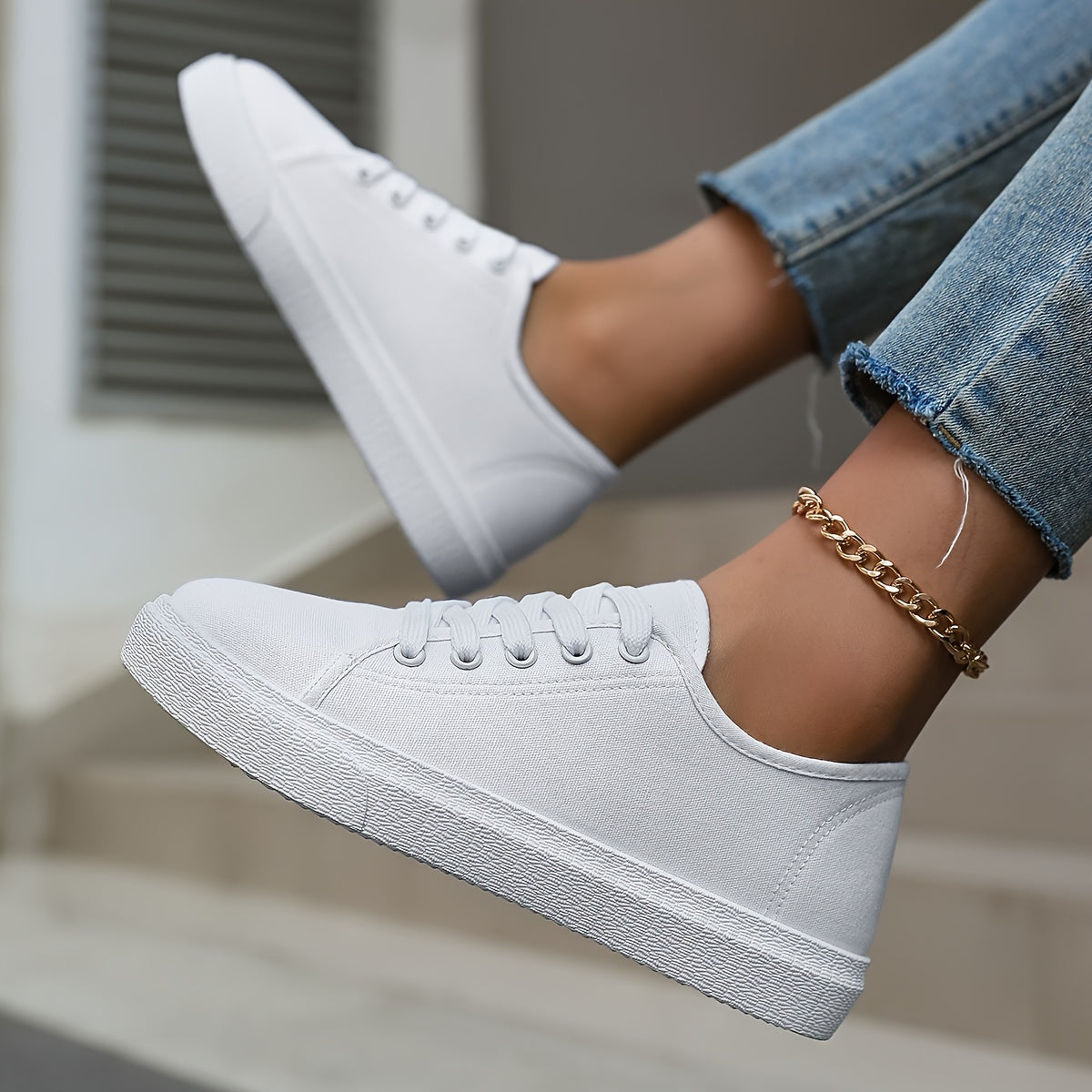 Preppy low top lace-up sneakers with solid color, breathable fabric upper, PVC sole, suitable for all seasons.