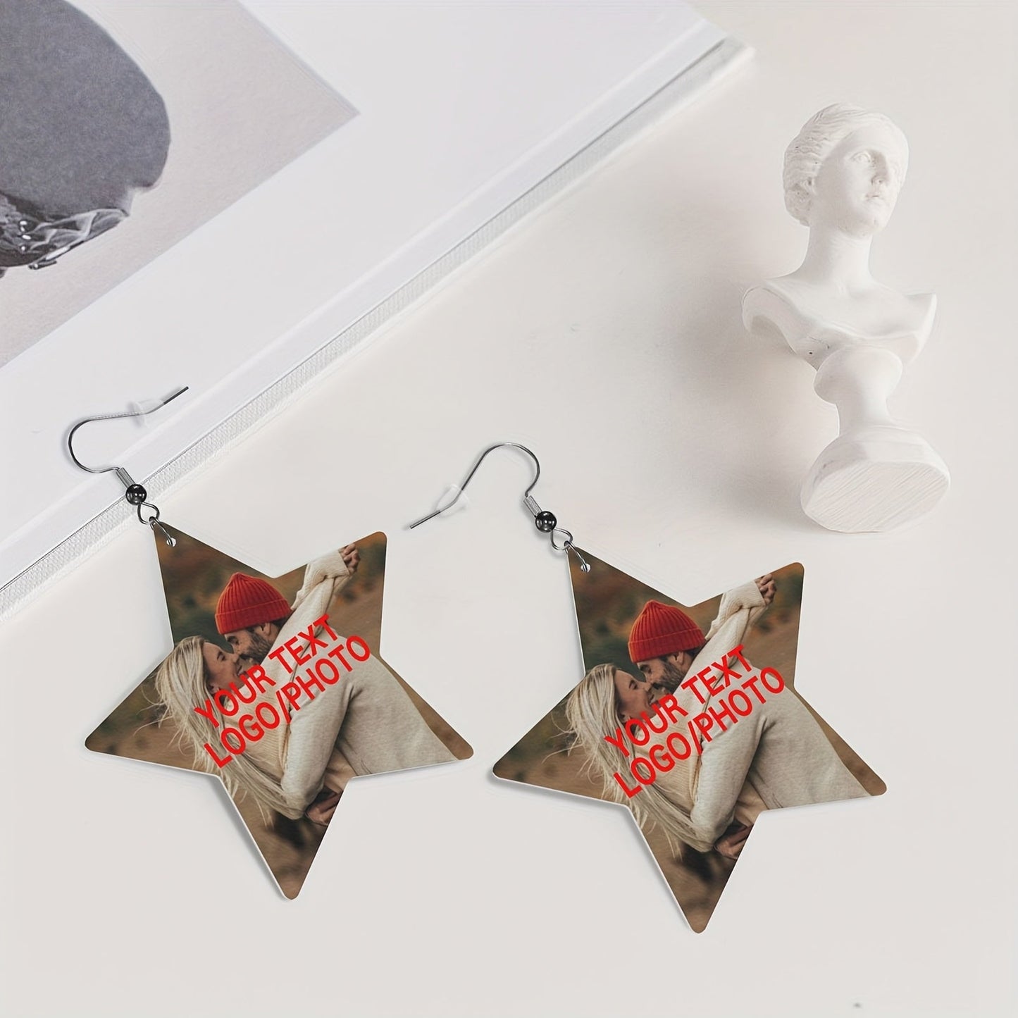 Beautiful pair of personalized leather star earrings, with custom text/photo/logo design, made with 925 silver plating. Perfect for special occasions like anniversaries, weddings, Mother's Day, birthdays, and Christmas. This versatile jewelry is suitable