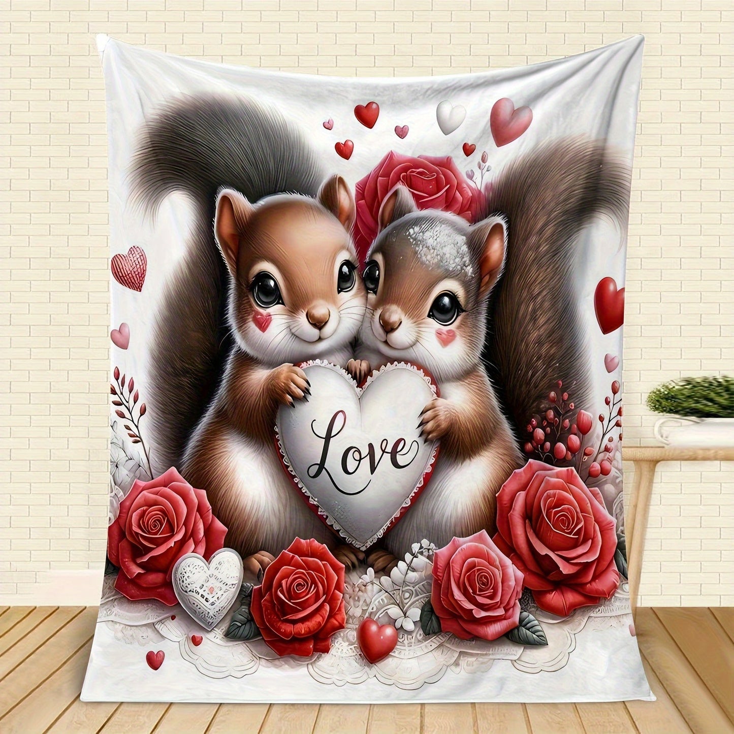 Soft and Cozy Love Squirrel Print Flannel Throw Blanket with a Charming Design - Perfect for Couch, Bed, Office, and Travel - Machine Washable and Versatile for all your needs