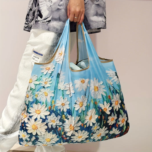 Reusable foldable grocery shopping tote bags featuring an oil painting pattern of flowers. Perfect for travel and conveniently fits in your pocket. Easily machine washable for reuse.