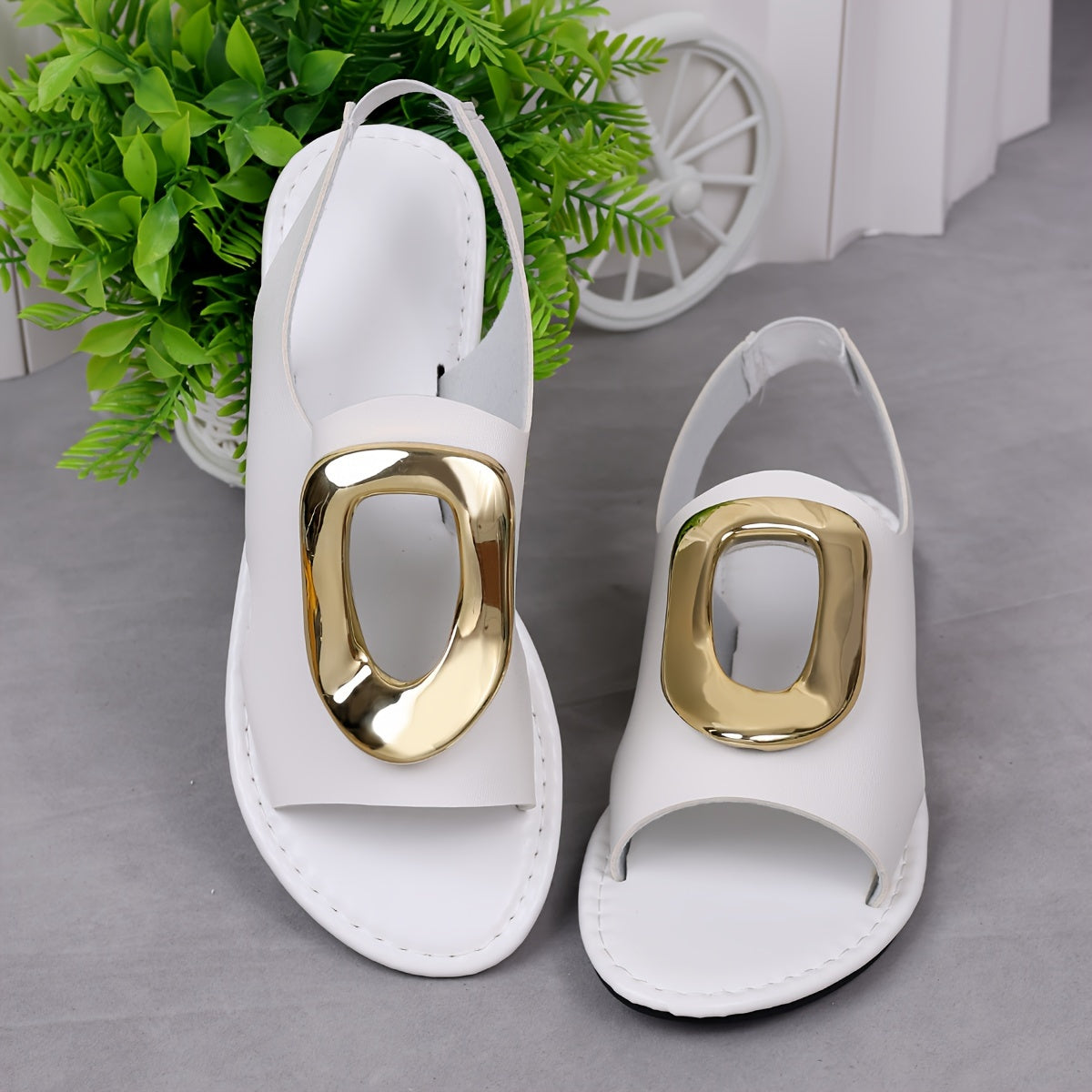 Flat, Lightweight Solid Color Sandals with Metallic Buckle Ankle Strap, Comfortable Beach Shoes