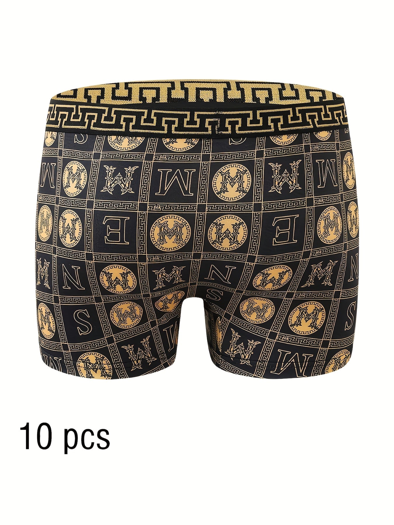 10 Men's Boxer Briefs, Black/Gold Print, High Stretch Polyester, Quick-Dry, Comfort Fit for Golf