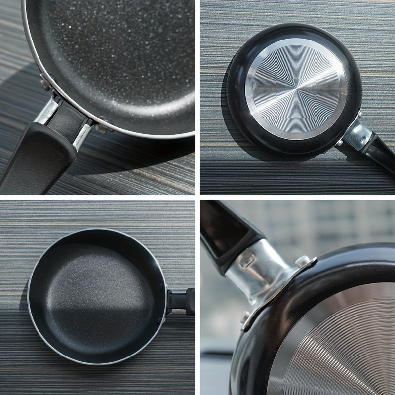 Small nonstick omelet and pancake pan, measuring 13.97 cm - Made from dishwasher safe aluminum with a silicone handle and 5-layer nonstick coating - Resistant to warping and scratching, ensuring a smooth surface for non-induction cooktops.