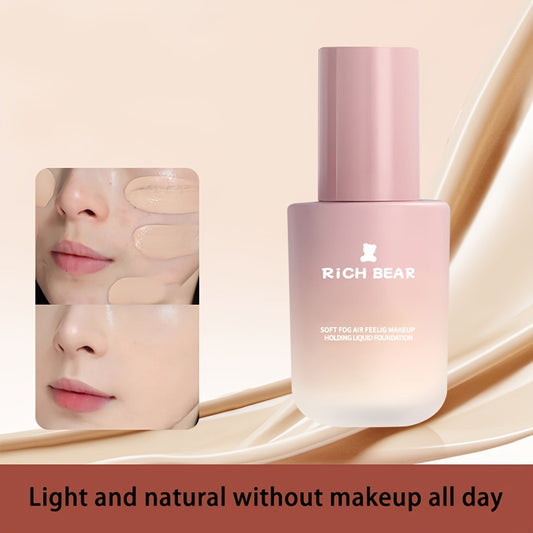 RichBear Soft Mist Long-lasting Liquid Matte Foundation with Oil Control, Concealer, Hydrating, Brightening, Waterproof, and Sweatproof properties.