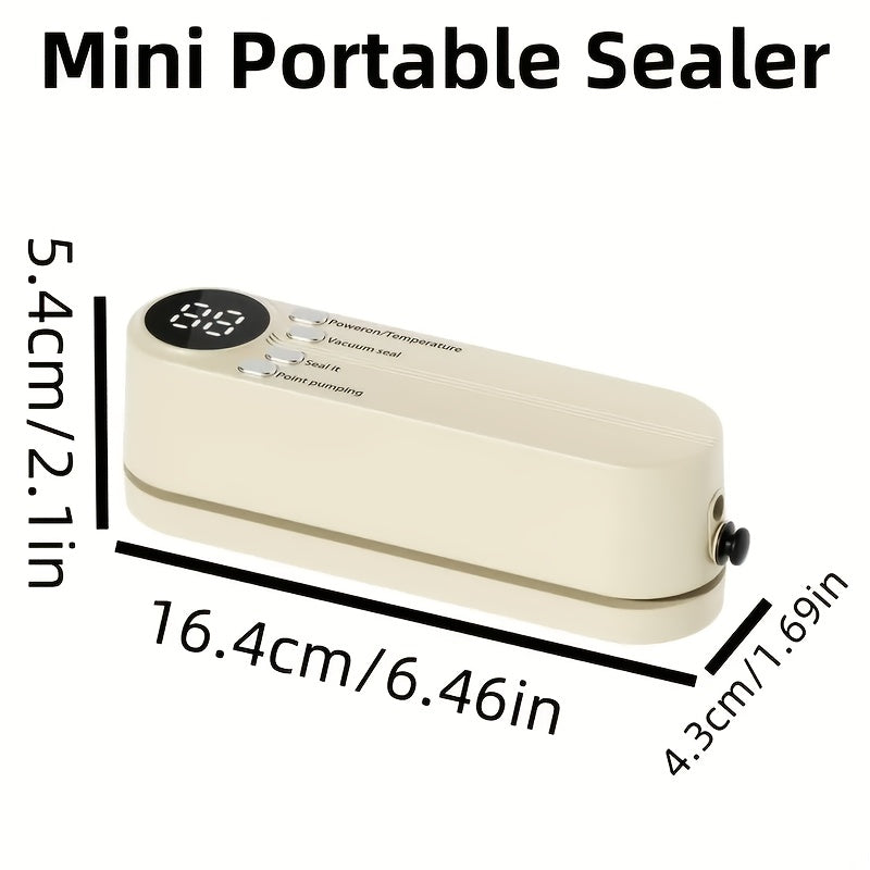 USB rechargeable vacuum sealer with LED indicator, powerful suction, automatic food saver with cutter & bags for dry/moist modes. Compact kitchen appliance for optimal food preservation