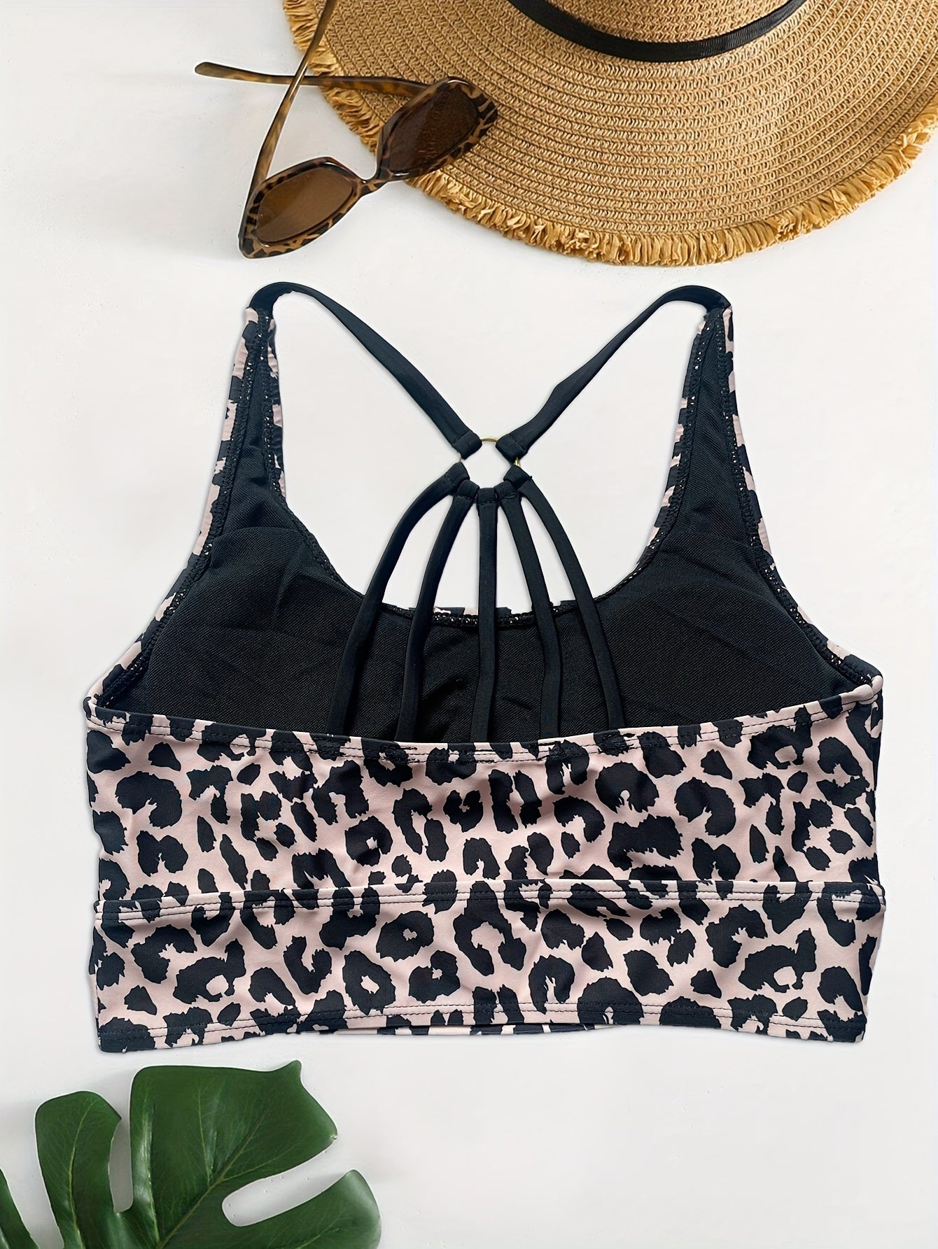 Leopard print swim top with ring-linked back, slim fit high-stretch for casual beach wear.