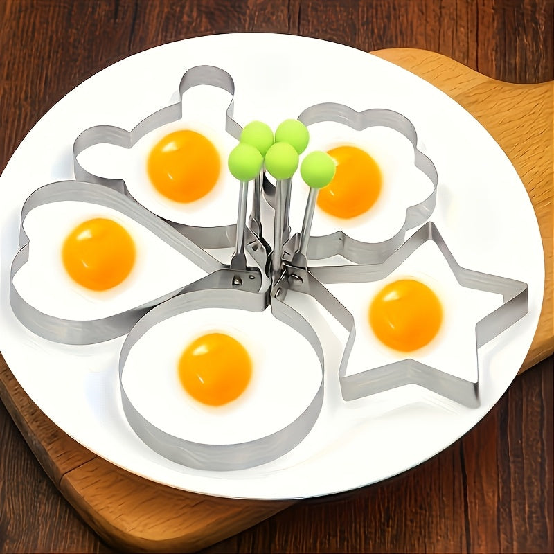 Enhance your cooking experience with this set of five stainless steel egg molds. These thickened, non-stick molds are perfect for frying and poaching eggs, and are designed with heart shapes and rice balls to bring a fun touch to your creative dishes.