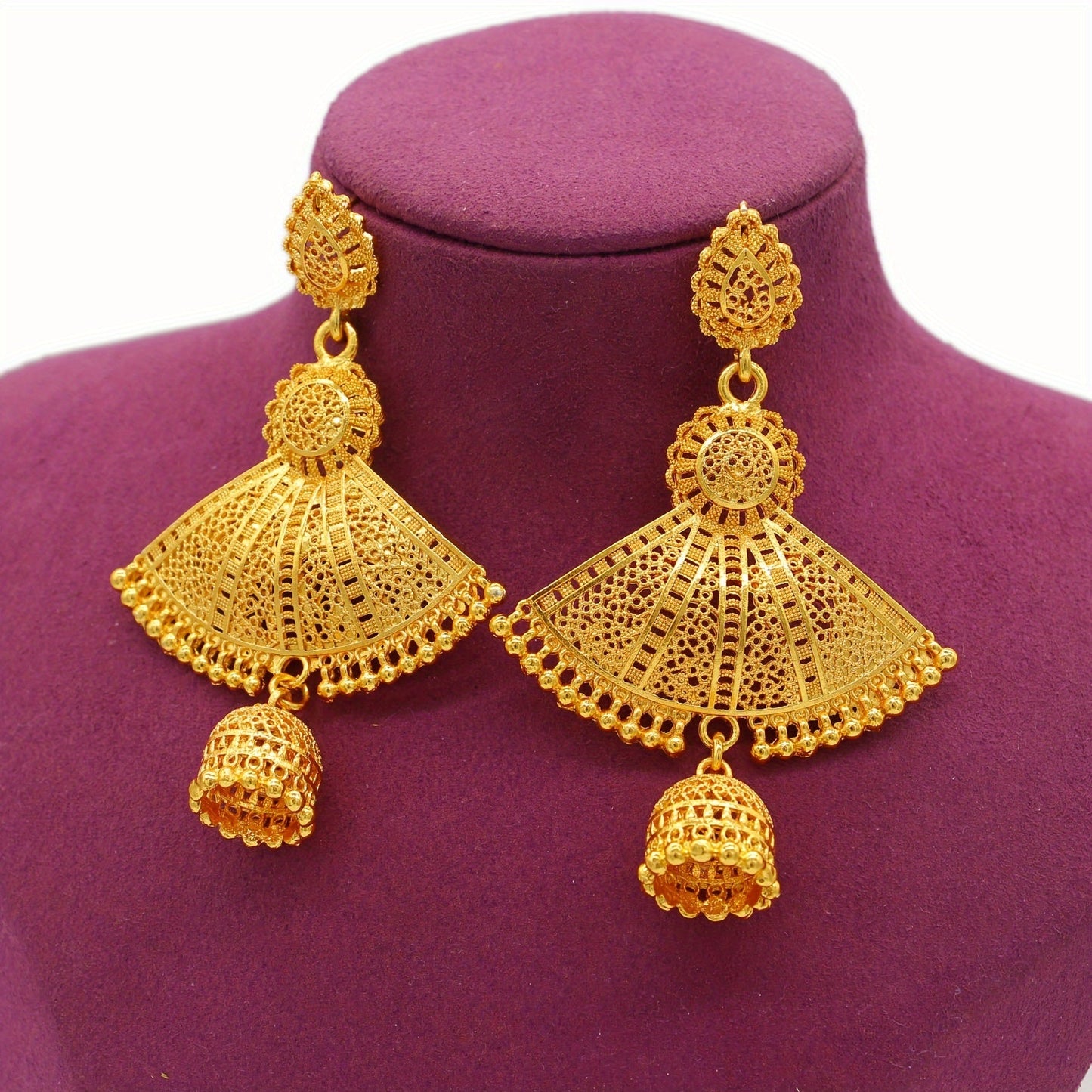 Golden alloy fan-shaped earrings designed for women, featuring a tribal, minimalist design without mosaic materials. Perfect for both casual daily wear and special occasions, these earrings are a versatile accessory that makes an ideal gift for birthdays