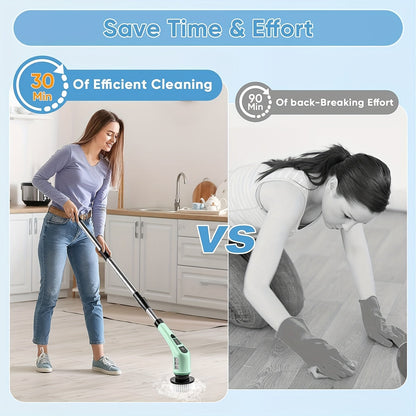 The Electric Spin Scrubber is a cordless cleaning brush that features dual-speed settings, an adjustable and detachable handle, and comes with 7 replacement heads. It is powered by a USB rechargeable 2000mAh lithium battery, making it perfect for