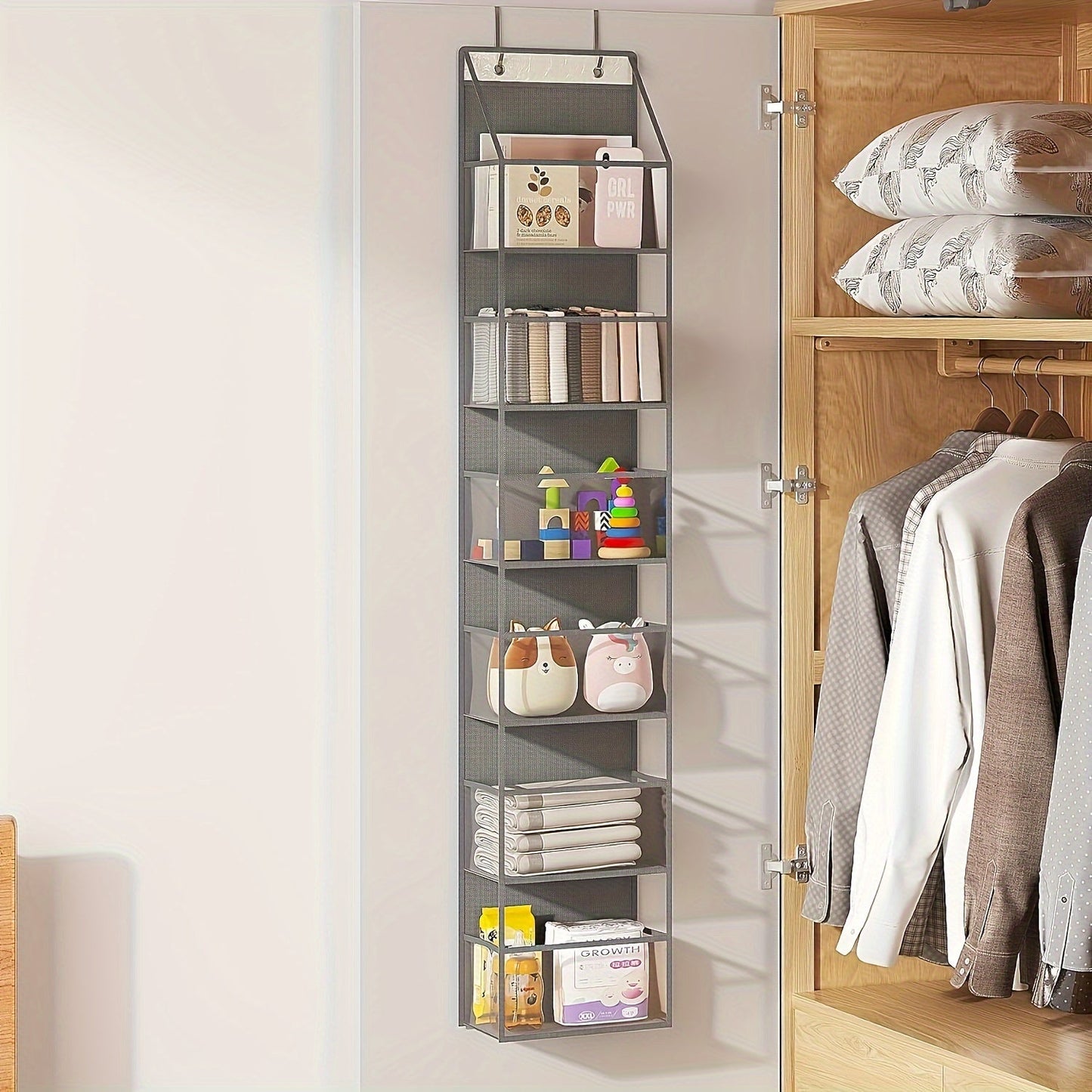 A versatile over-the-door organizer featuring clear pockets - ideal for bedrooms, closets, bathrooms, and dorm rooms.