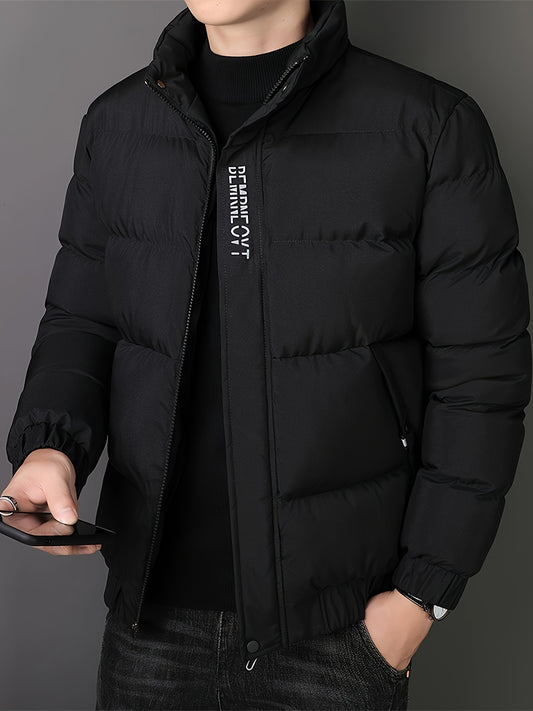 Men's 2024 lightweight winter coat with warm, thickened polyester fabric, stand collar, alphabet pattern, zipper detail, skinny fit, woven weave. 138gsm fabric weight, 90gsm lining weight.