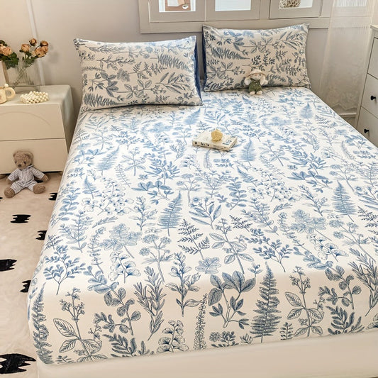 Floral Fitted Sheet Set with Pillowcases, Hypoallergenic and Machine Washable. Made with Active Printing Polyester for Anti-Dust and Slip-Resistant Mattress Cover. Expertly Crafted with Washed Craftsmanship and 100g Fabric Weight. Features Deep Pocket of