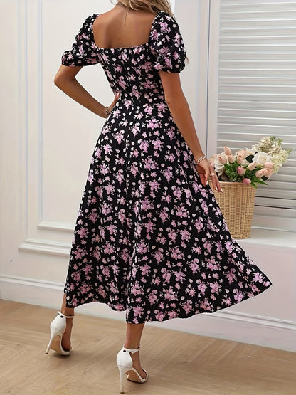 Floral print puff sleeve dress with split hem, perfect for spring & summer.