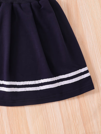 Young girl's campus style two-piece set: Short loose sweatshirt jacket + striped pleated skirt with tie.