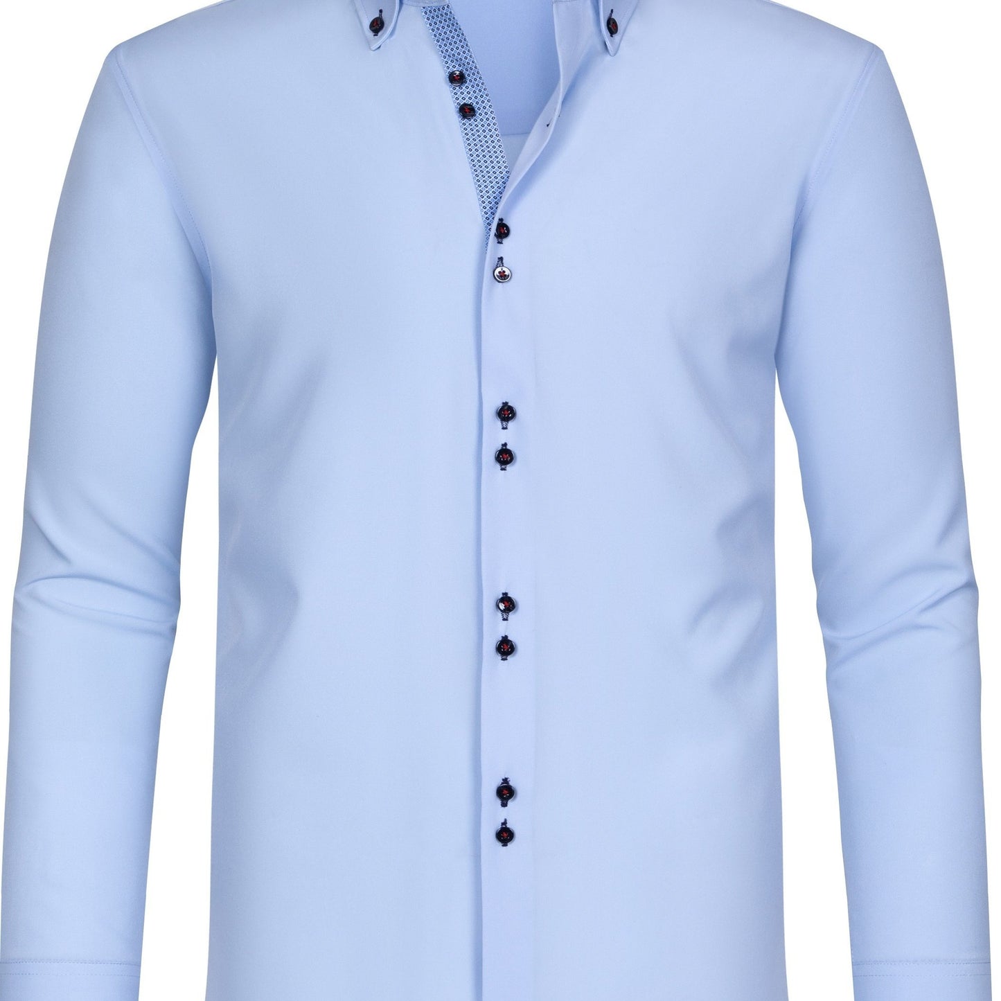 Men's stylish light blue long sleeve double breasted shirt with floral print cuffs and classic collar. Made of breathable polyester blend for comfortable wear in spring/fall. Versatile