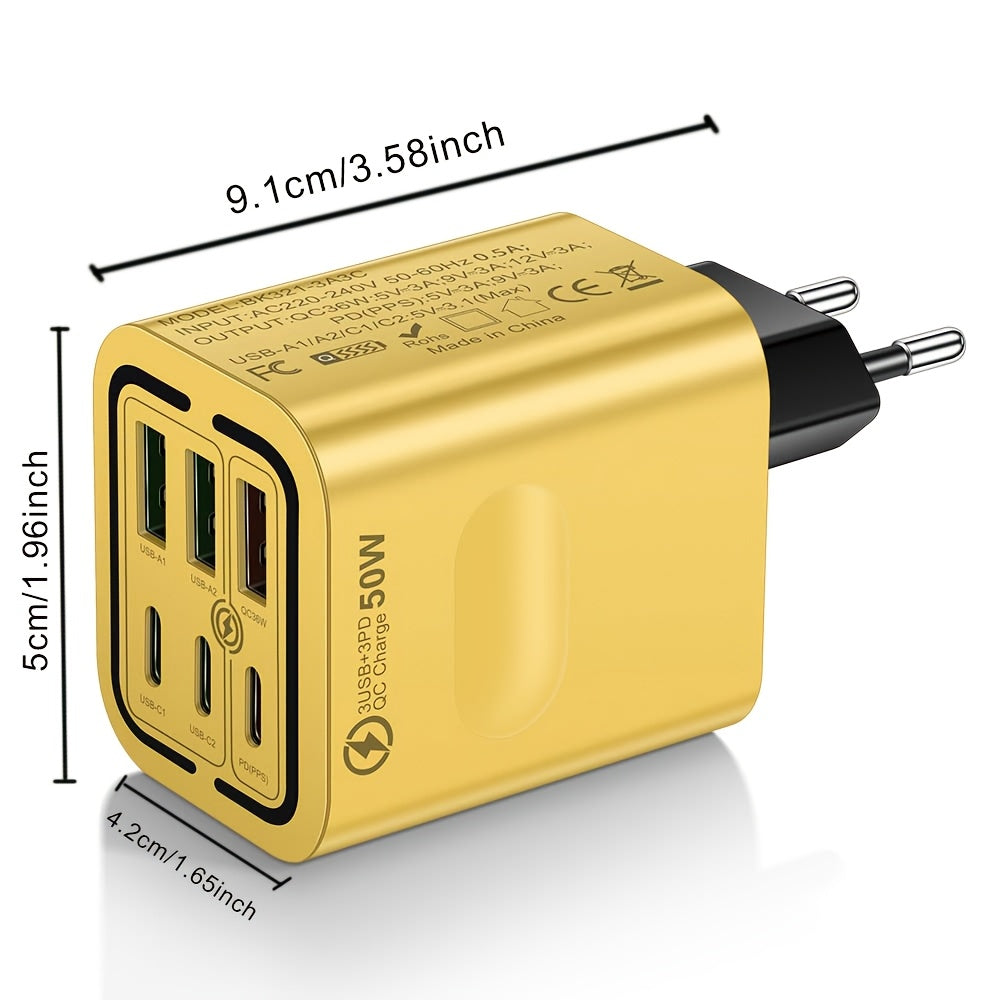 GUSEYEE 50W 6-Port USB C Quick Charger for iPhone and Samsung phones.