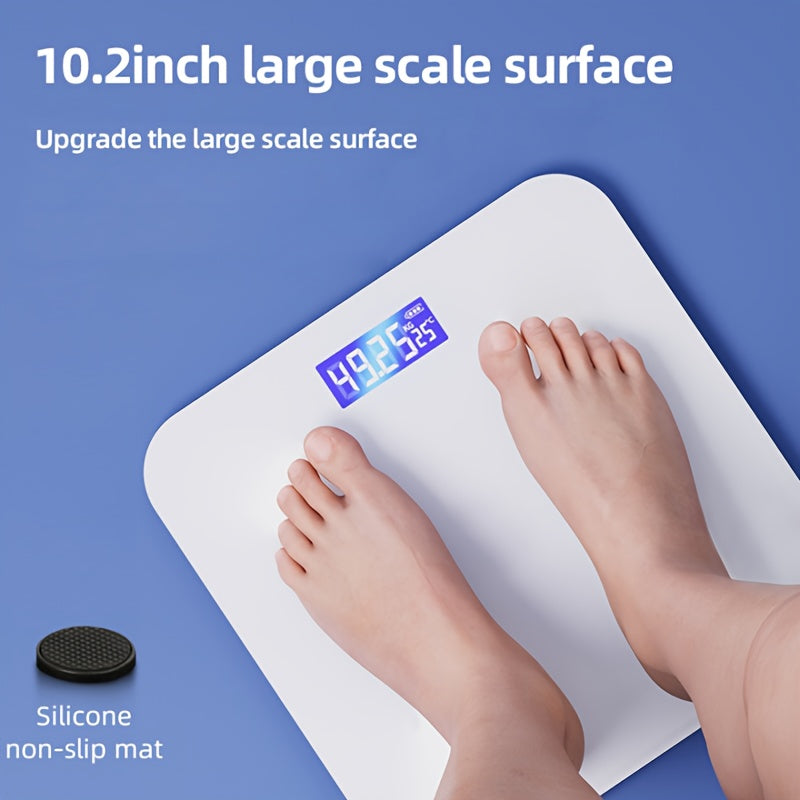 Smart digital bathroom scale with USB rechargeable LCD display, operating voltage ≤36V, lithium polymer battery, max capacity 180kg, power display function.