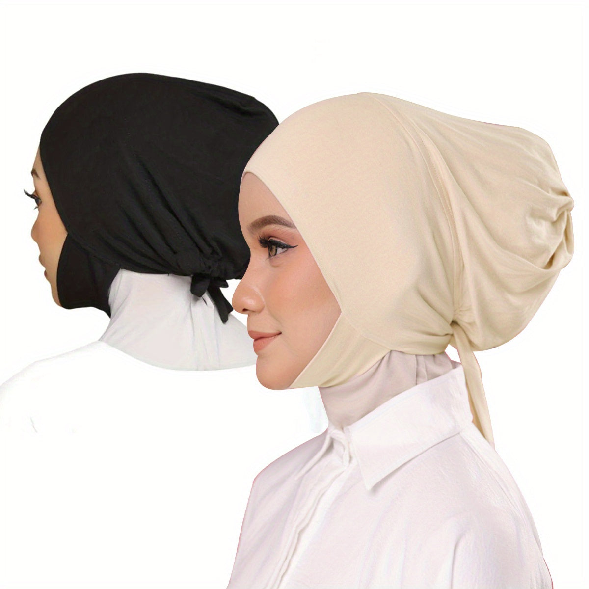 Adjustable women's instant hijab with undercap, solid color, machine washable, perfect for Eid and casual or religious wear. Made of polyester with flowing design.