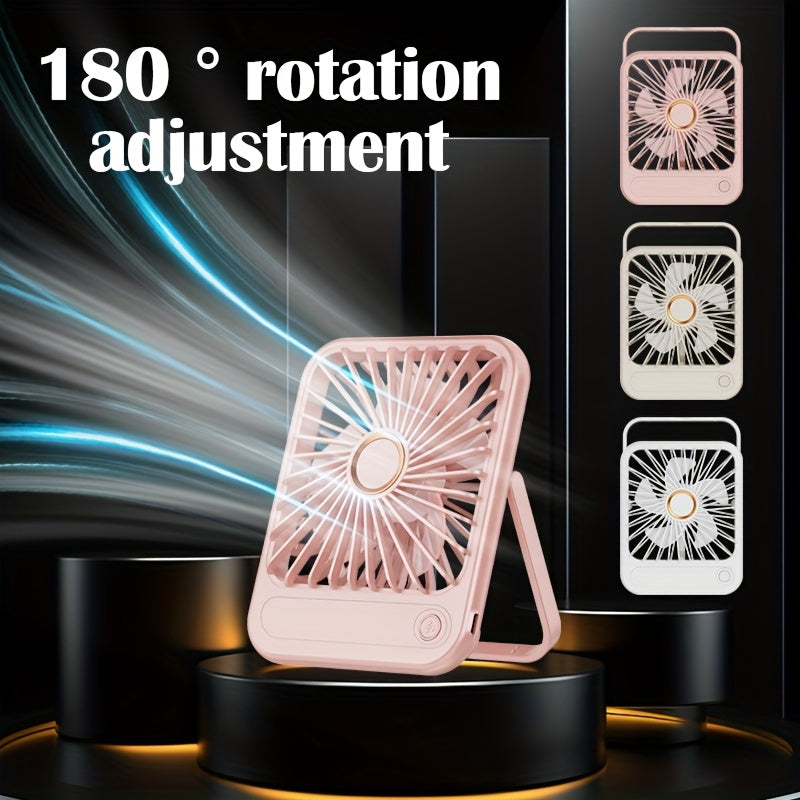 Compact USB rechargeable table fan with 3 speed modes and button control. Made of plastic, suitable for indoor and outdoor use. Rated at 5W, includes cord and built-in lithium battery for convenient office, bedroom, and camping use.