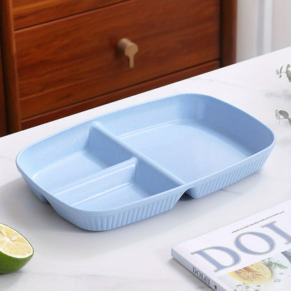 1-pc divided plates for portion control, including dessert and salad sections, made of microwave and dishwasher safe PP material.