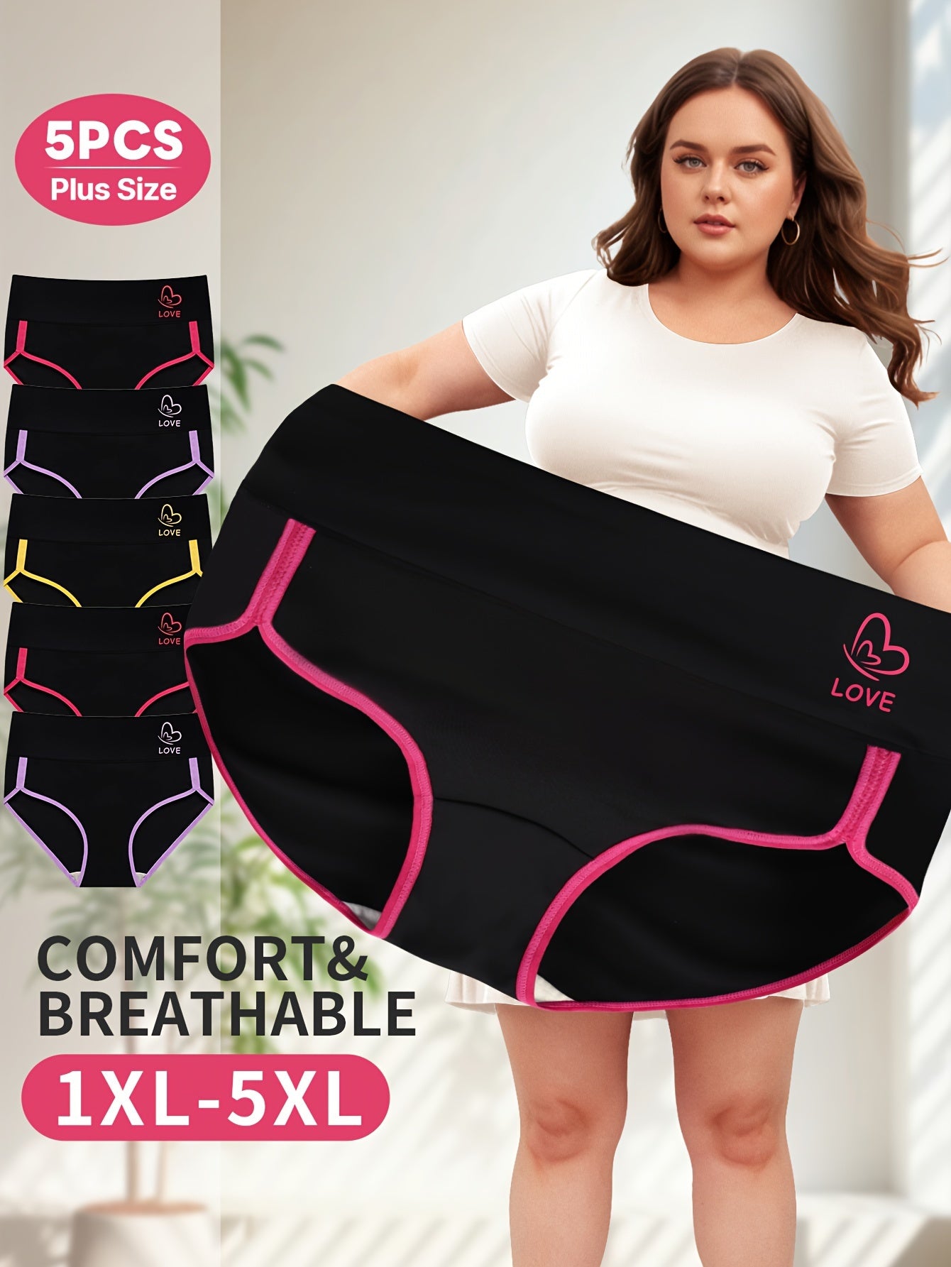 5-Pack MIOTAN Plus Size Panties for Women - Elegant mid-waist underwear with tummy control, solid color with contrast lash, made of 90% polyester and 10% elastane.