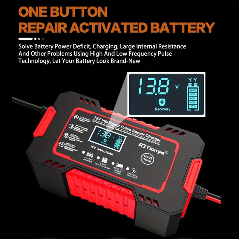 RJTIANYE 12V 6A Smart Pulse Repair Charger: LCD Display, Trickle Charger for Cars, Trucks, Motorcycles, Lawn Mowers, Marine Equipment | Temperature Compensation, Overcharge Protection, Fits