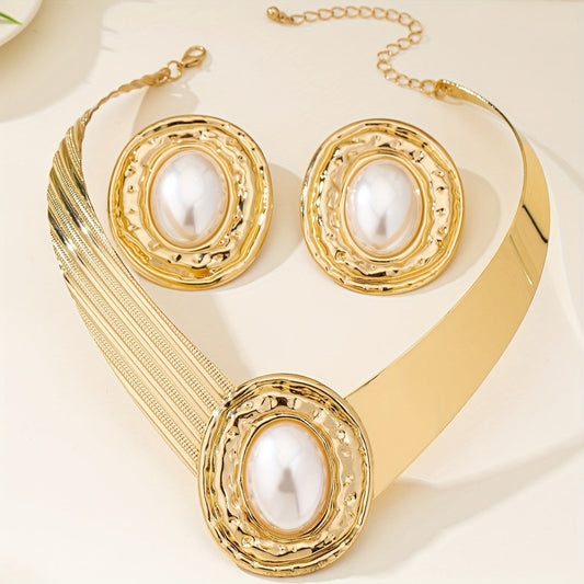 A stylish and modern set of golden pearl earrings and necklace for women, a stunning jewelry set that makes a statement - ideal for giving as a gift on special occasions.