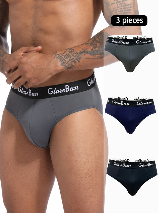 3 pack of men's underwear in dark gray, navy blue, and black with "GLAWNBAN" waistband, made of comfortable polyester blend. Stretchy, breathable, and supportive. Machine washable with