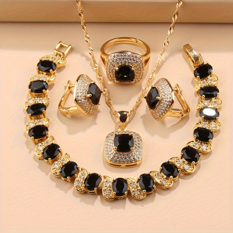 Luxurious wedding/party jewelry set for women, featuring 5 pieces of square earrings, rings, necklaces, pendants, and bracelets. A perfect gift for her.