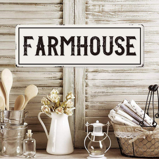 One piece of "Farmhouse" Instagram-style metal tin sign measuring 15.75"x3.94"/40x10cm. This novelty street sign serves as vintage plaque decor for your home, room, wall, restaurant, bar, cafe, garage, or farmhouse.