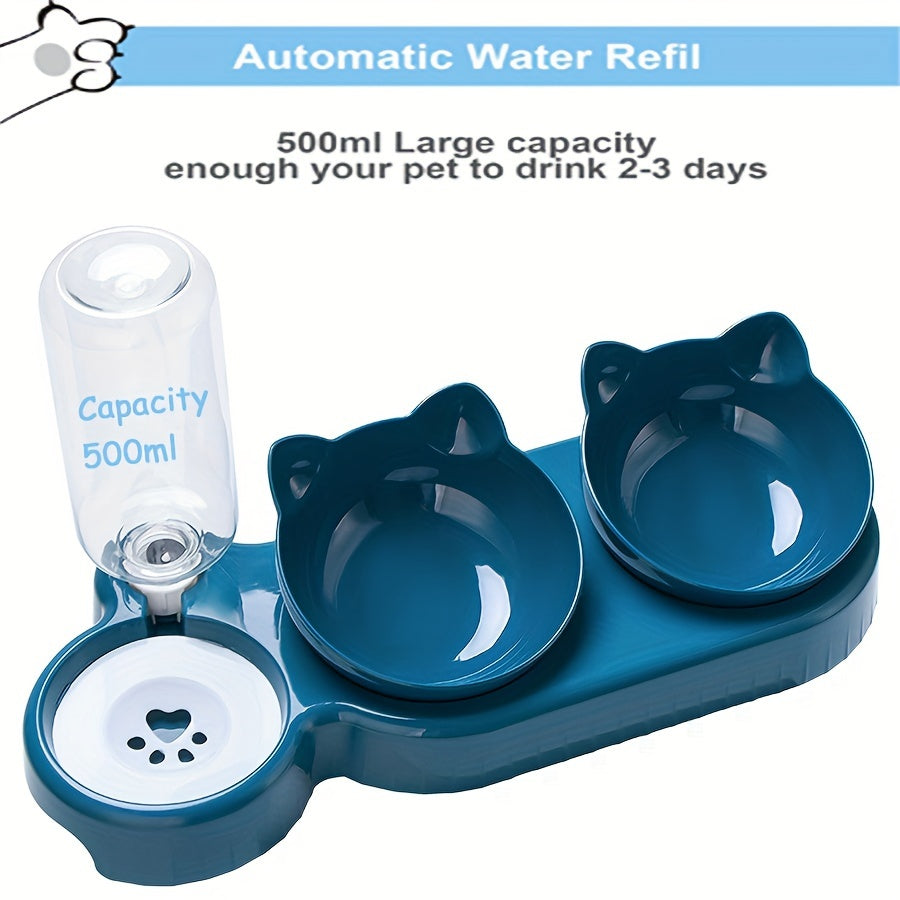 Triple cat bowl set with automatic water dispenser, tilted and rotatable design, includes food, water, and snack bowls in durable plastic - perfect for cats.