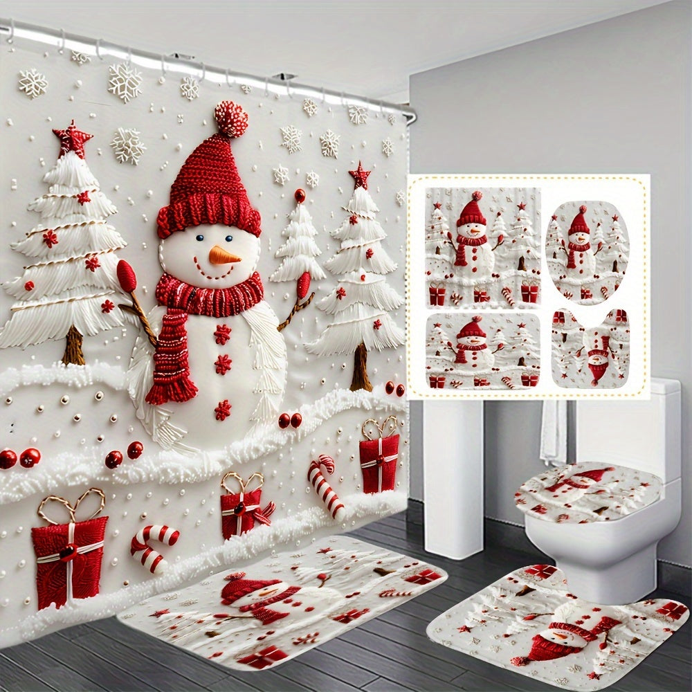 Christmas snowman shower curtain set with bath mat, toilet lid cover, and rug made of polyester fabric featuring a digital print design. Waterproof and cordless design with 12 hooks included.