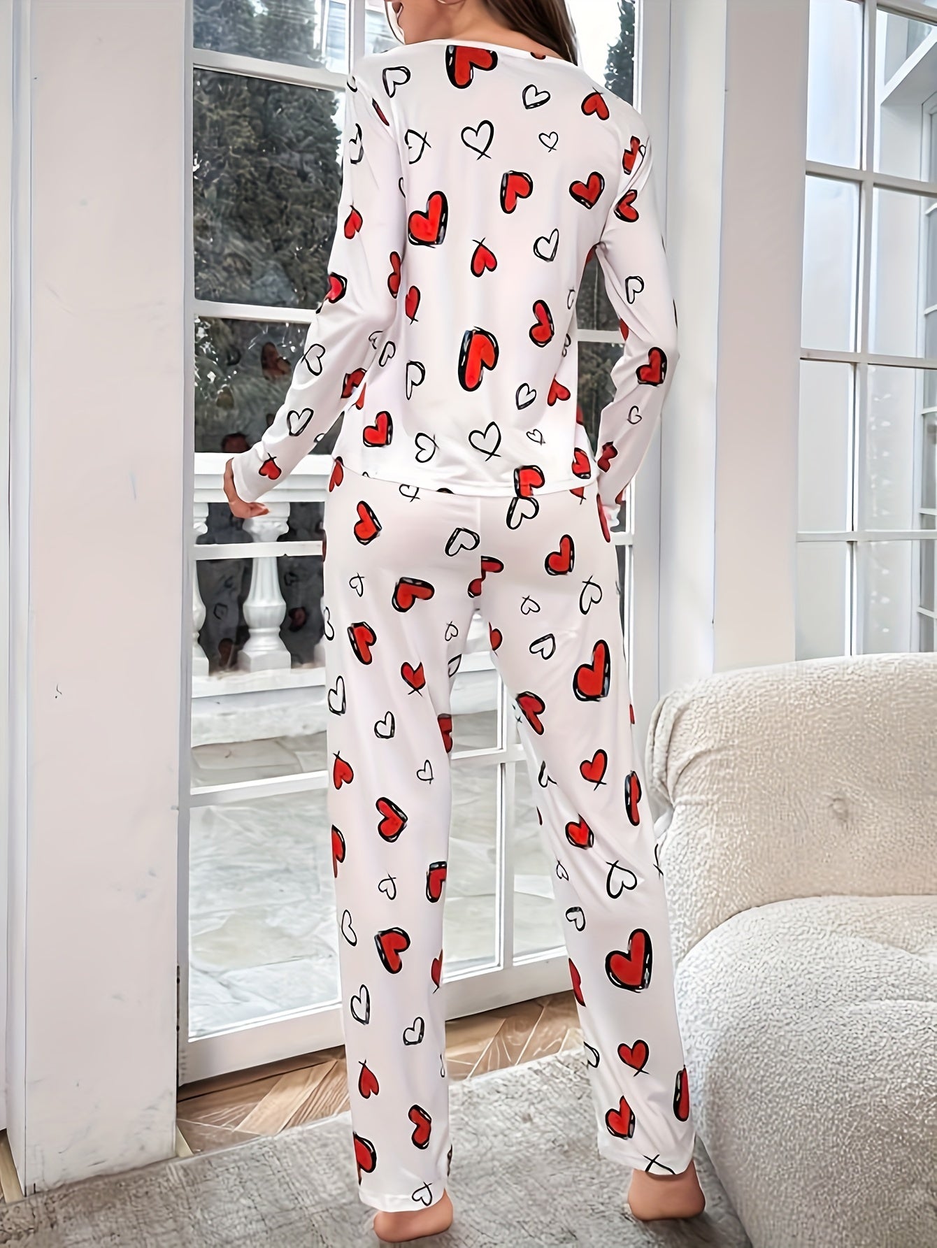 Women's Heart Print Pajama Set, Polyester/Elastane blend, Long Sleeve Crew Neck Pullovers, Comfortable Casual Style, Spring/Fall Sleepwear.