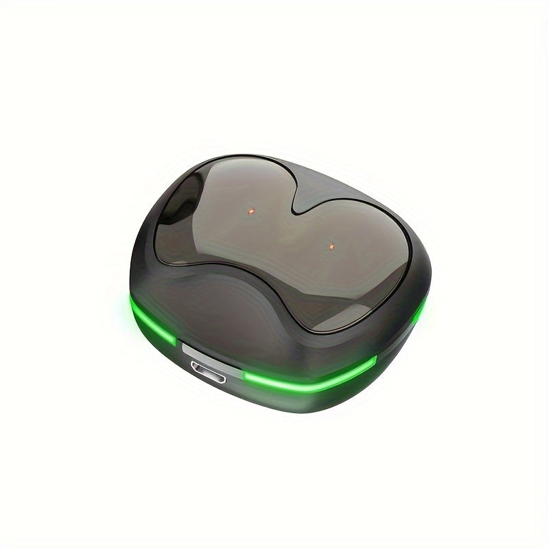 Futuristic heart-shaped wireless earbuds with LED display, touch control. Ideal for sports, gaming, and calls. USB-C charging case included.