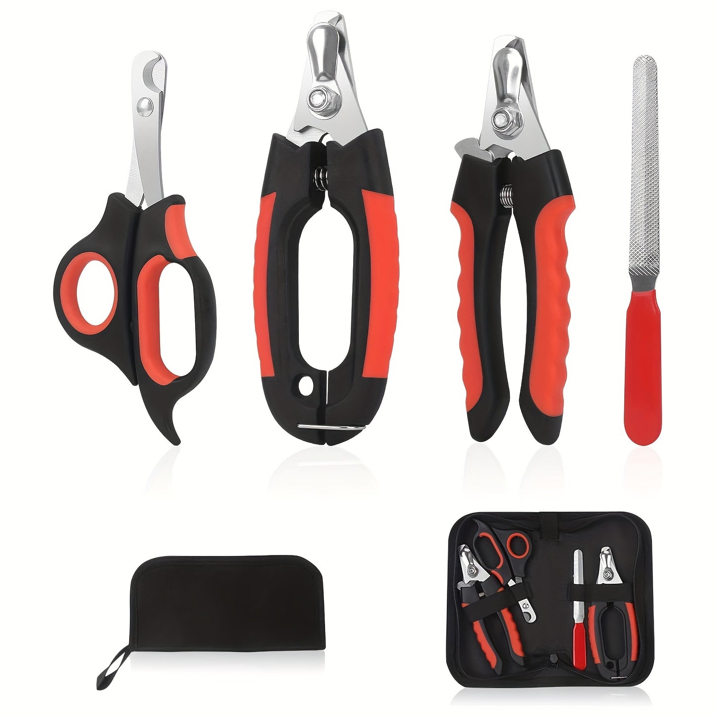 Professional dog nail clippers set with 4pcs, stainless steel, safety guard, non-slip handle, includes storage case and nail file. Suitable for all dog breeds, no battery required.