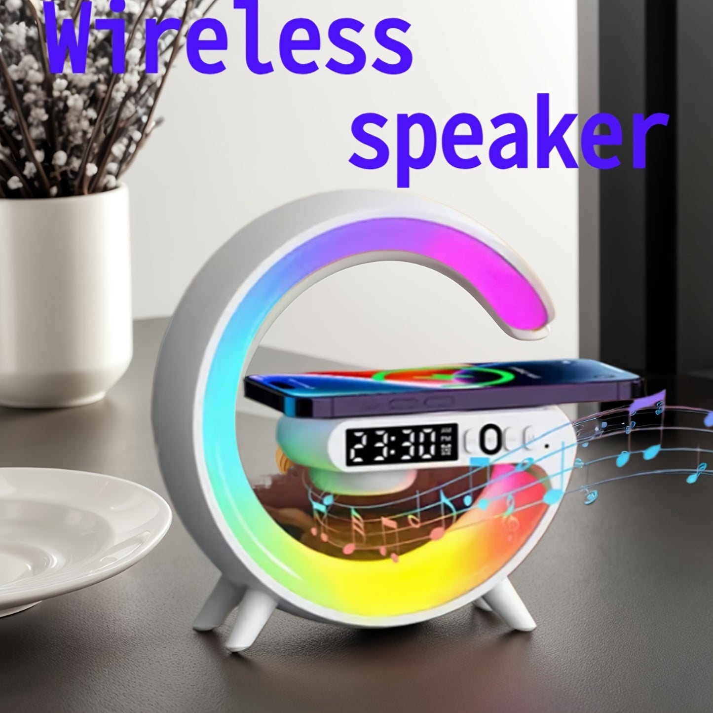 Smart lamp with wireless speaker and charging function for smartphones wakes up with light music.