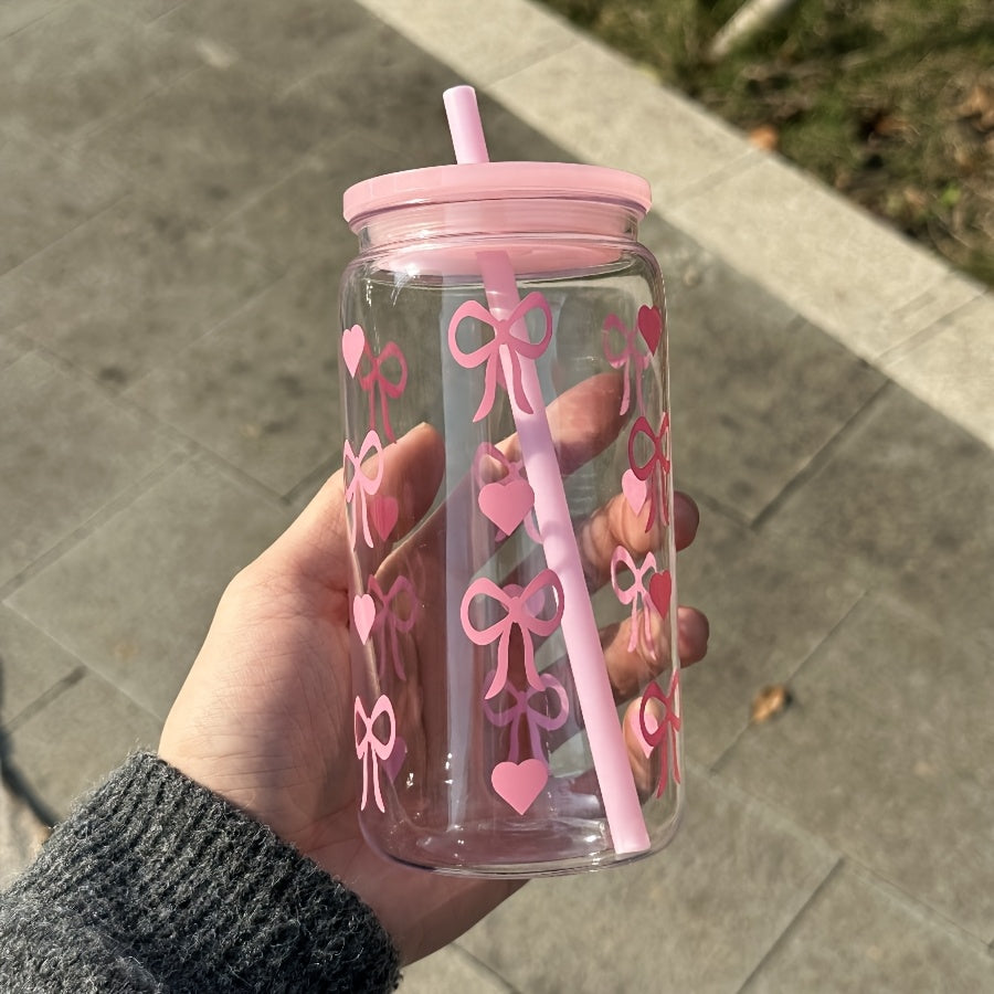 16oz Pink Bowknot Travel Mug with Straw & Lid - Perfect Gift for Valentine's Day and Mother's Day, BPA-Free Plastic