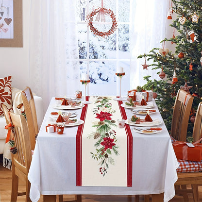 Christmas table runner with red poinsettia and pine branches, available in various sizes for indoor or outdoor home parties.