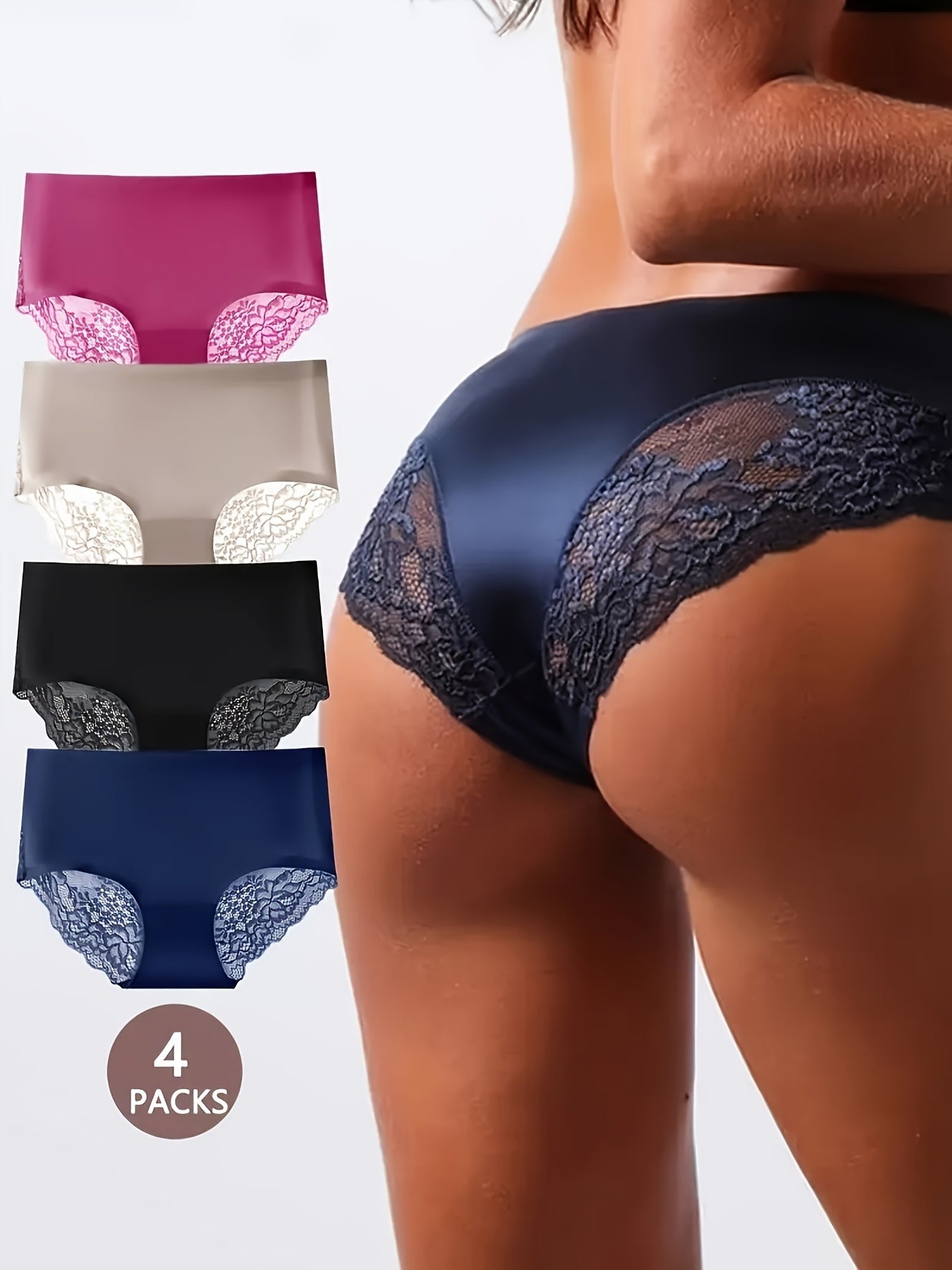 4 Elegant Lace Trim Briefs for Women - Seamless, Breathable Mid-Rise Panties in Solid Colors