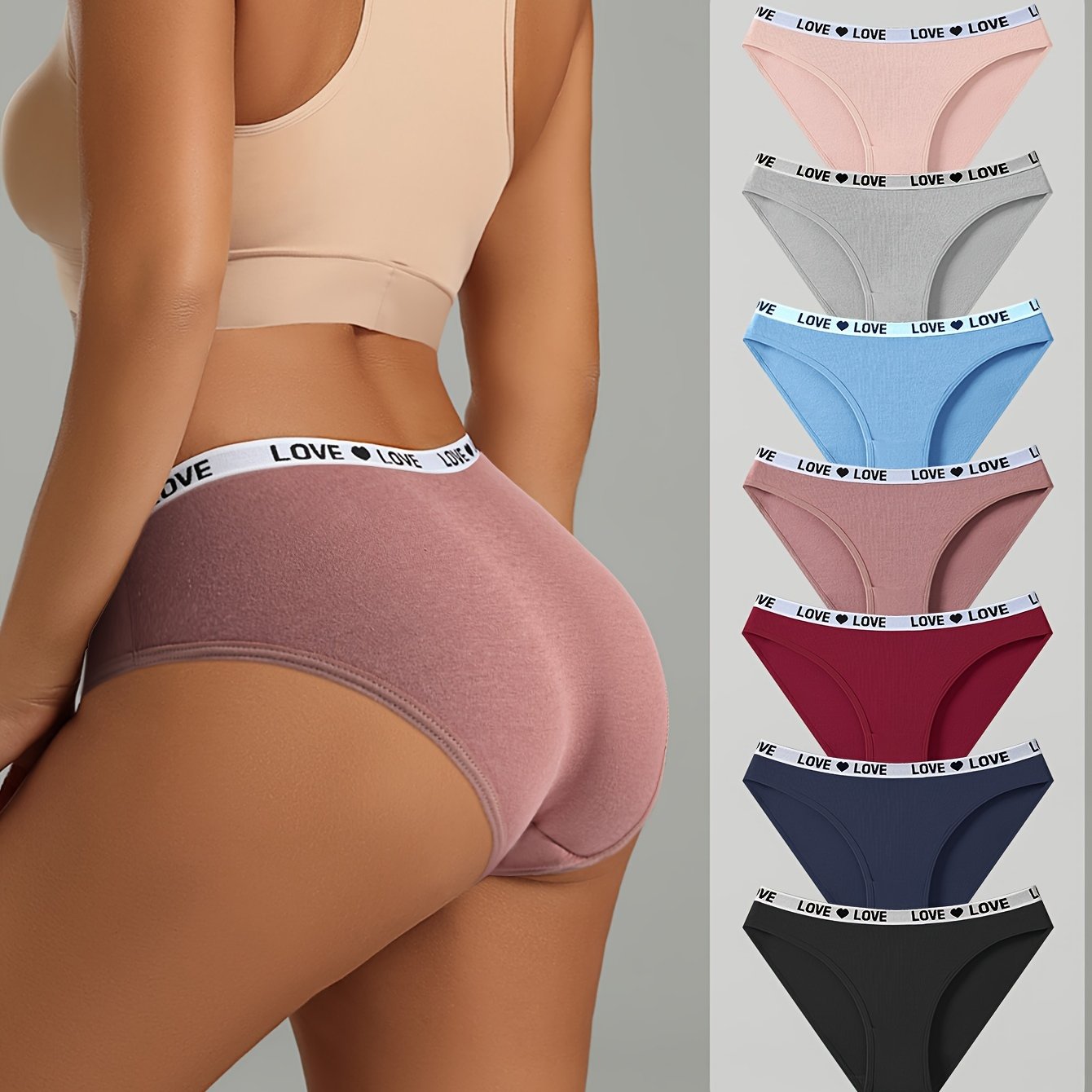 7pc Letter & Heart Tape Briefs, Comfortable Breathable Stretchy Panties, Women's Lingerie & Underwear