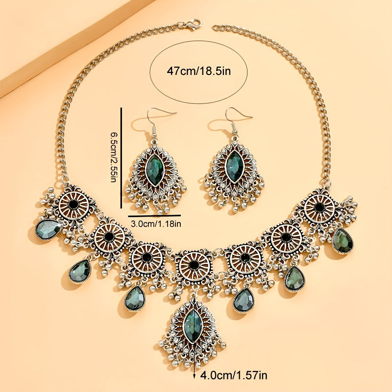 Luxurious Vintage Floral Pattern Dangle Earrings and Necklace Set with Synthetic Gems and Ethnic Silver Plating - Perfect Eid Gifts for Women