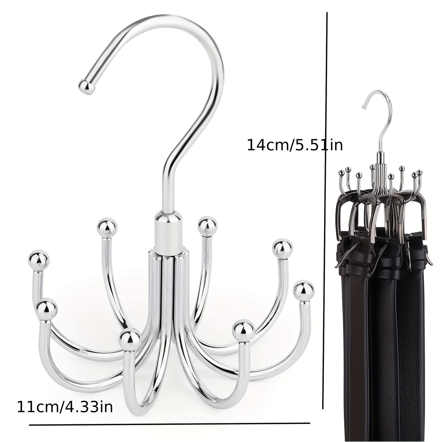 Large capacity belt storage hanger with rotating hooks for ties, bras, socks, underwear, and vest. Made of stainless steel, suitable for bedroom, bathroom, closet, or wardrobe organization.