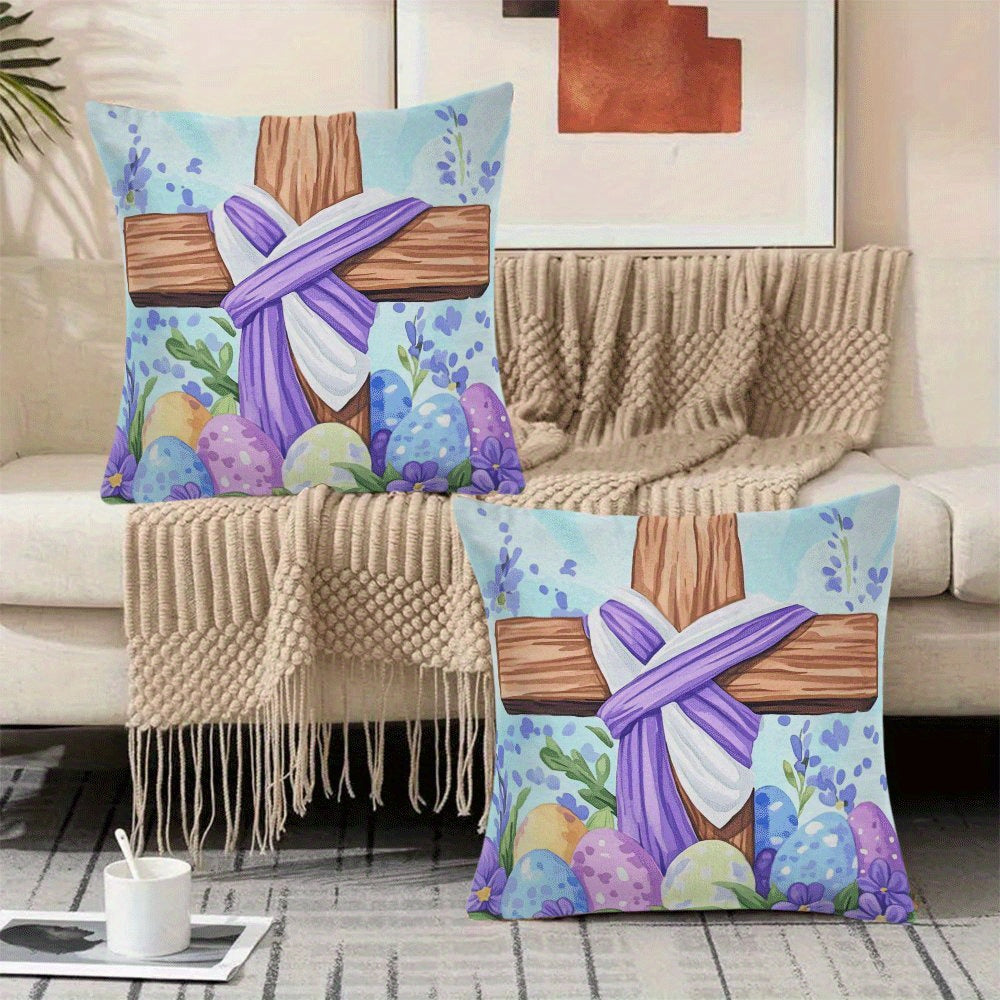 Pillow Cover Set featuring Modern Floral Easter Egg & Cross Design, Pack of 2, 45.72x45.72 cm, Easy to Wash in Machine, Comes with Zipper Closure, Year-round Comfort, Perfect for Sofa and Bedroom Decor, Insert Not Included