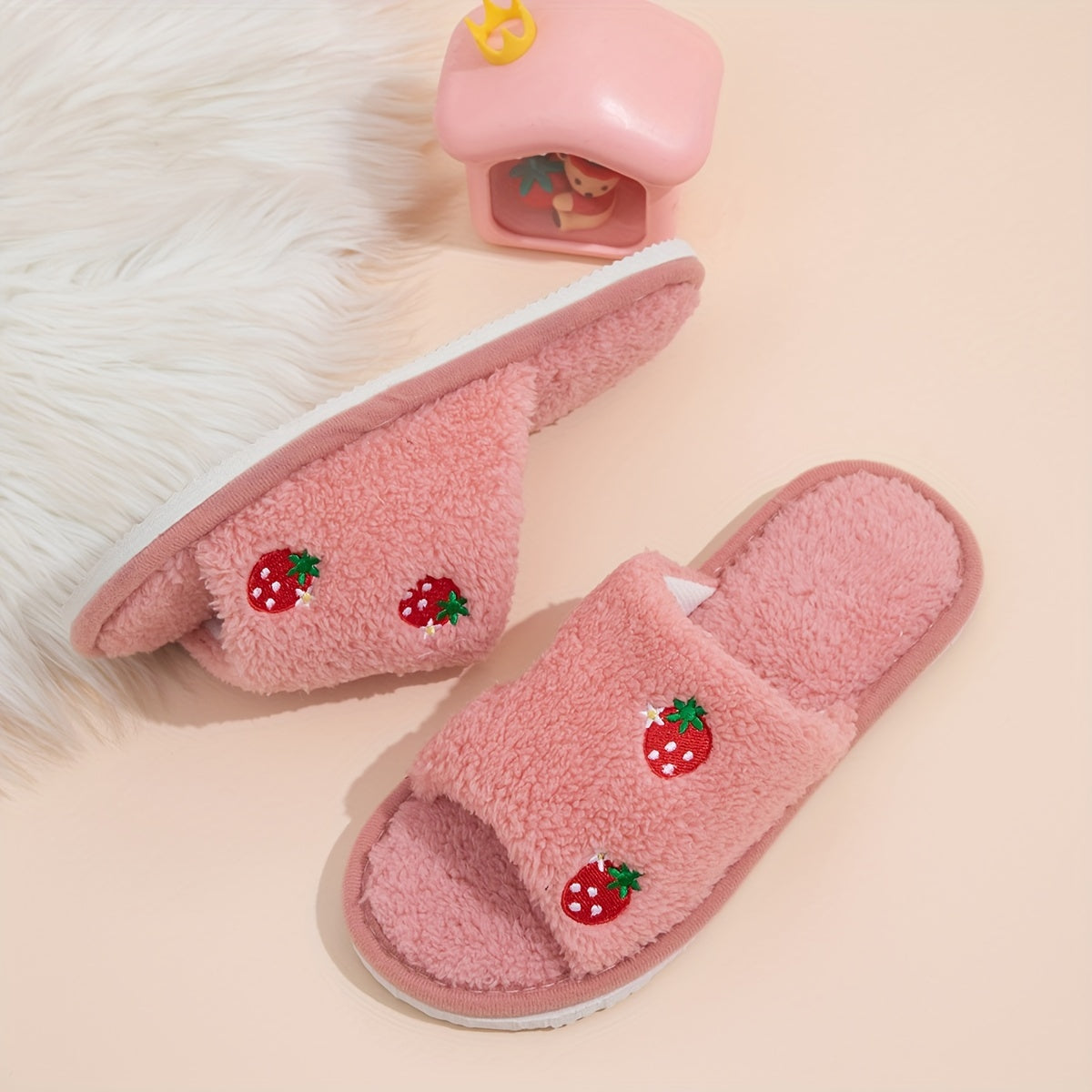 Strawberry embroidered open-toe slippers for women, with cozy comfort, lightweight design, non-slip sole, and machine washable.