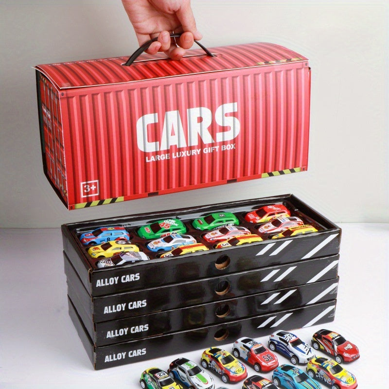 Boys' toy racing cars with pull-back mechanism, made of alloy and tin in container design.